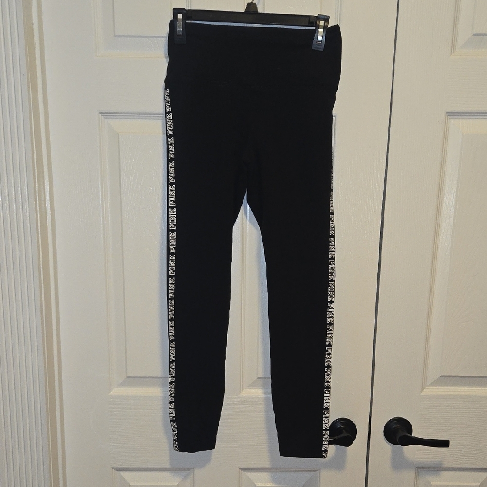 PINK Victoria's Secret Black Leggings with Logo Side Stripe